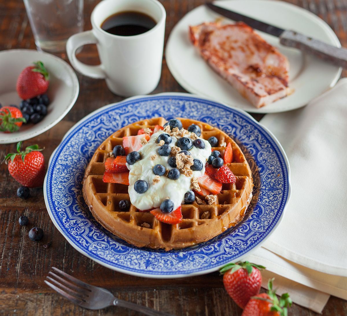 Waffle Pancake On Blue Ceramic Plate Image Free Photo