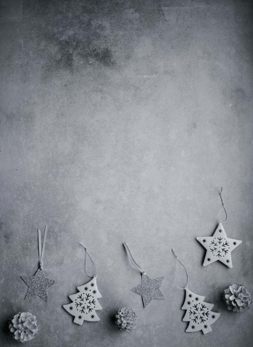 holiday grayscale photo of ornaments grey