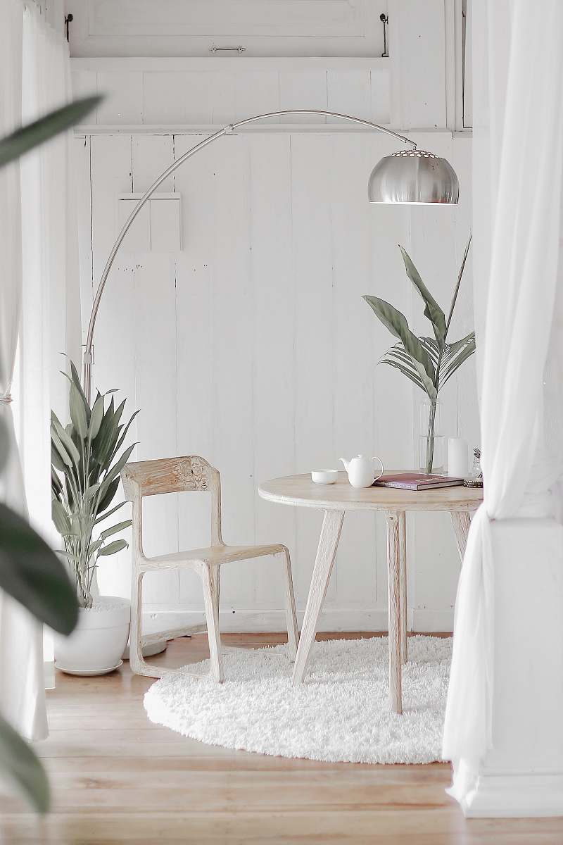 furniture white steel chair in front round table on white rug home