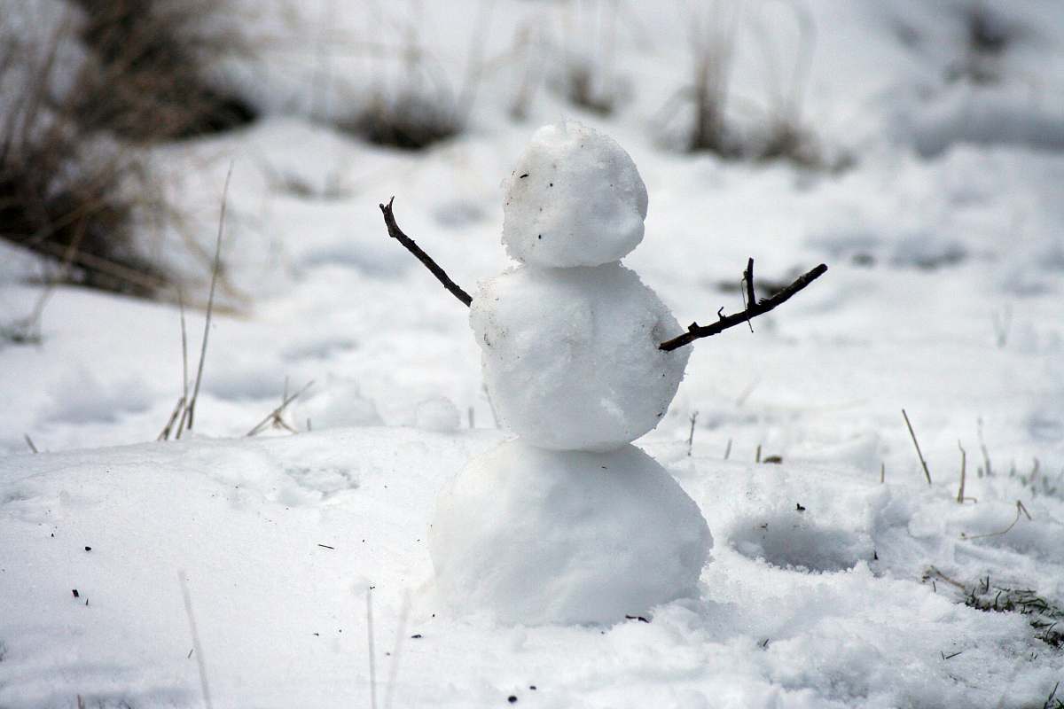 snow photo of snowman with stick hands on snow filed snowman