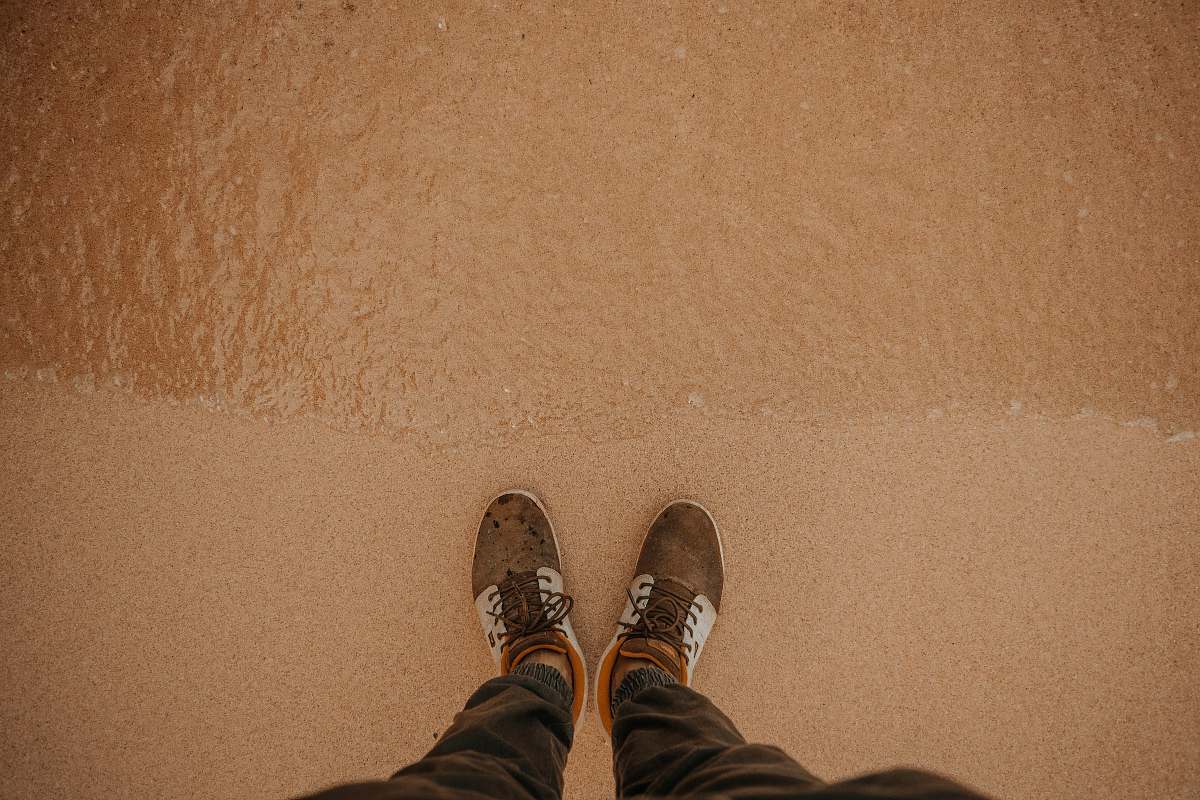 footwear person wear brown low-top sneakers standing on shore shoe