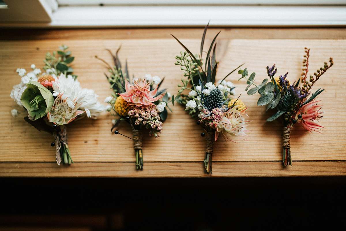 wedding three flower bouquets on table floral