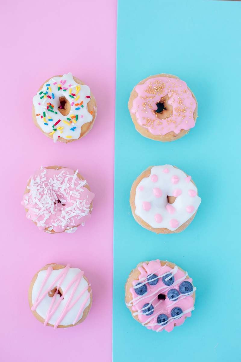 pink six assorted-flavor doughnuts donut