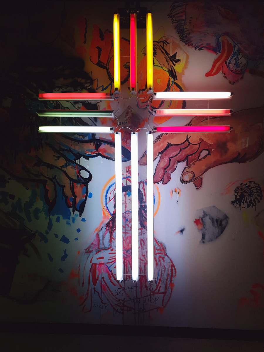 light multicolored cross decor neon