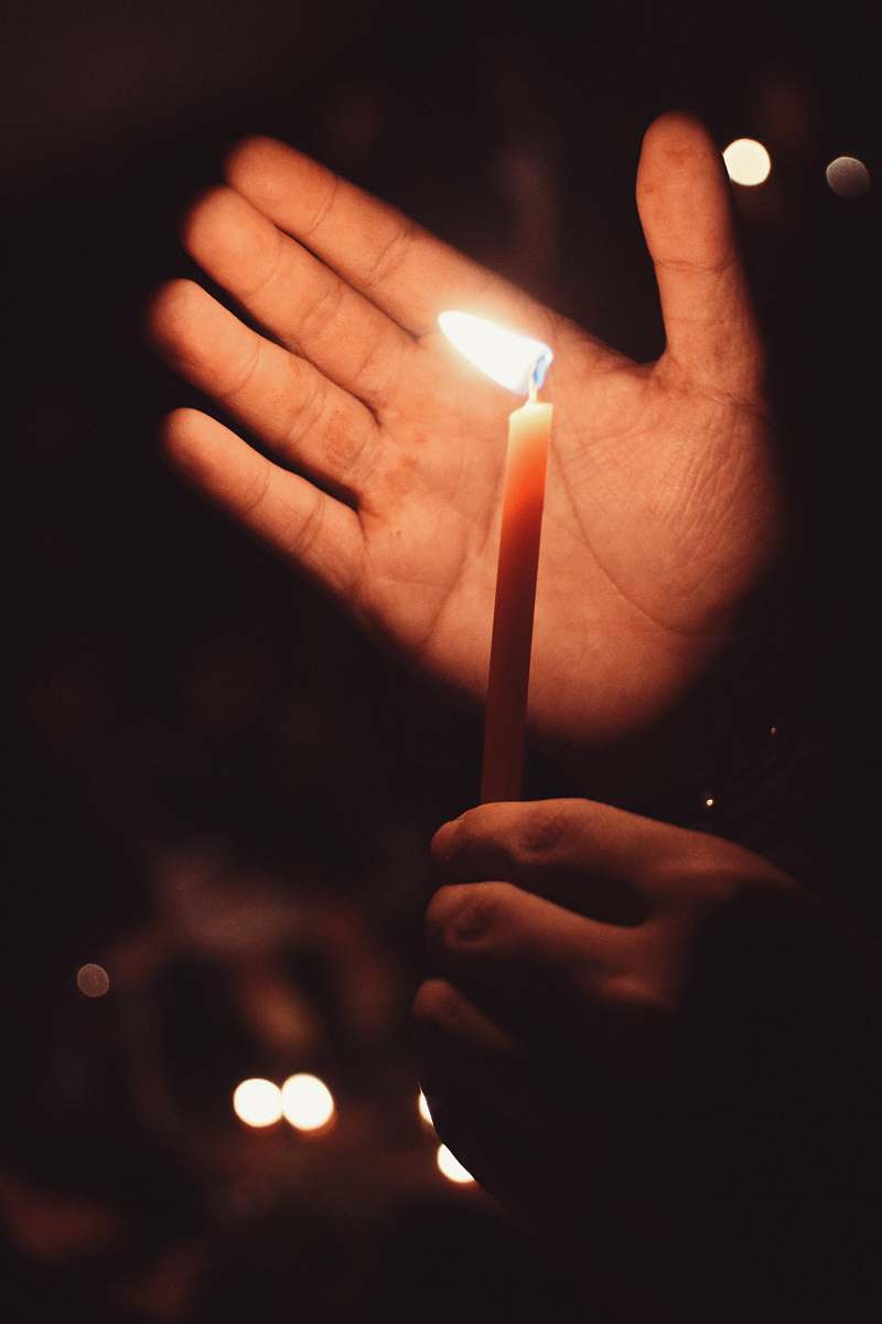 human person holding lit candle near palm person