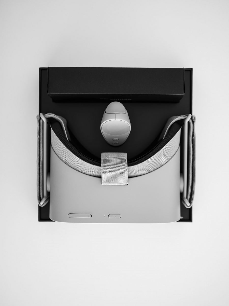 black and gray VR headset with box