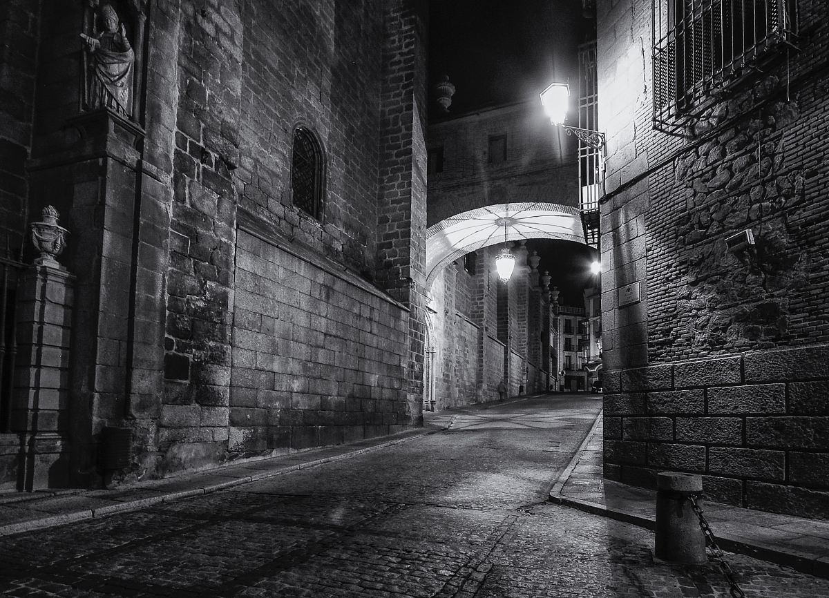 grayscale photo of alley road
