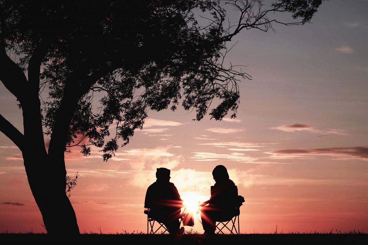 silhouette of two person sitting on chair near tree