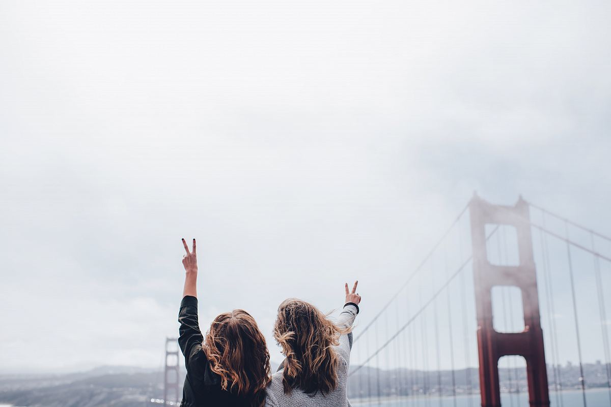 two women making peace sign near the Golden Gate bridge