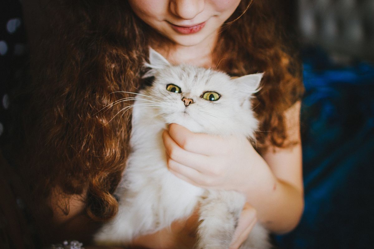 woman holding white cat