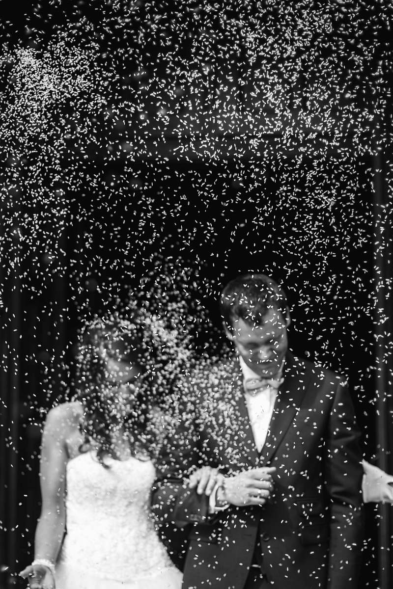 wedding grayscale photography of bride and groom couple