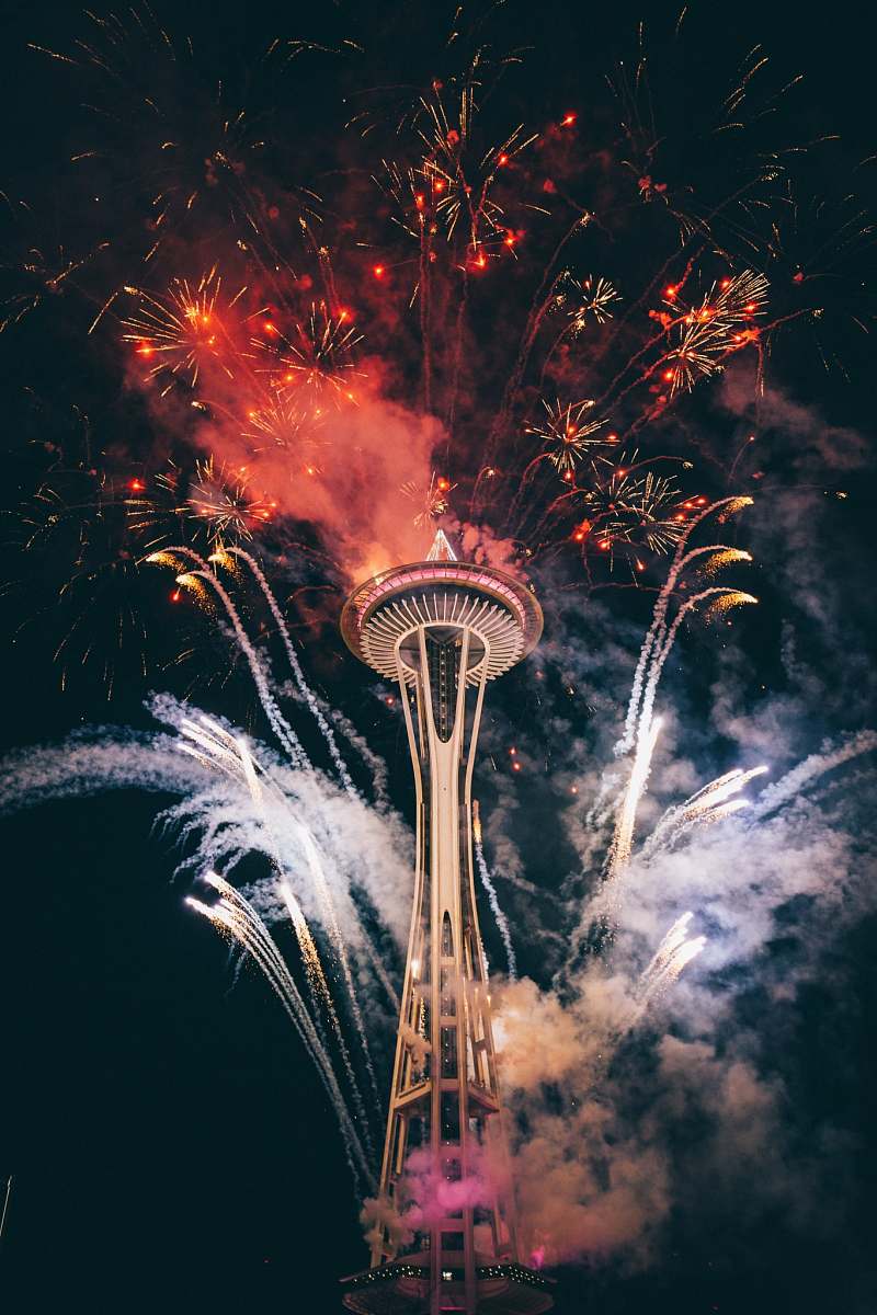 seattle Space Needle, Seattle surrounded by fireworks smoke