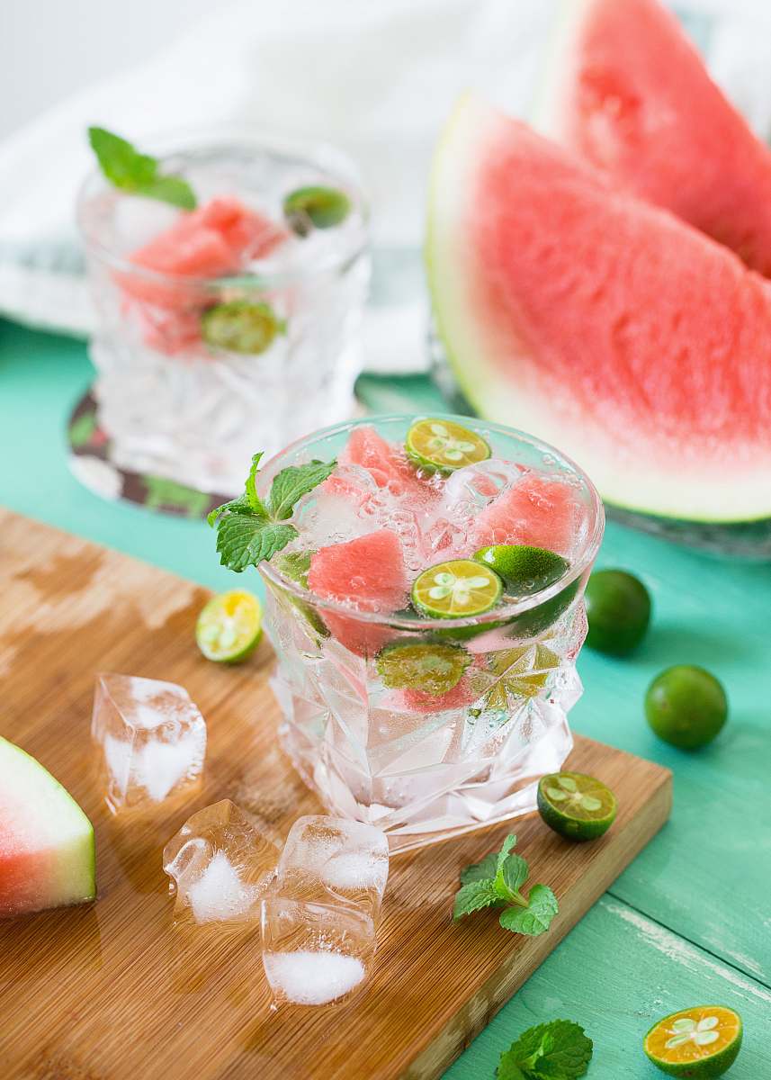 drink sliced watermelon with lemon on shot glass cocktail
