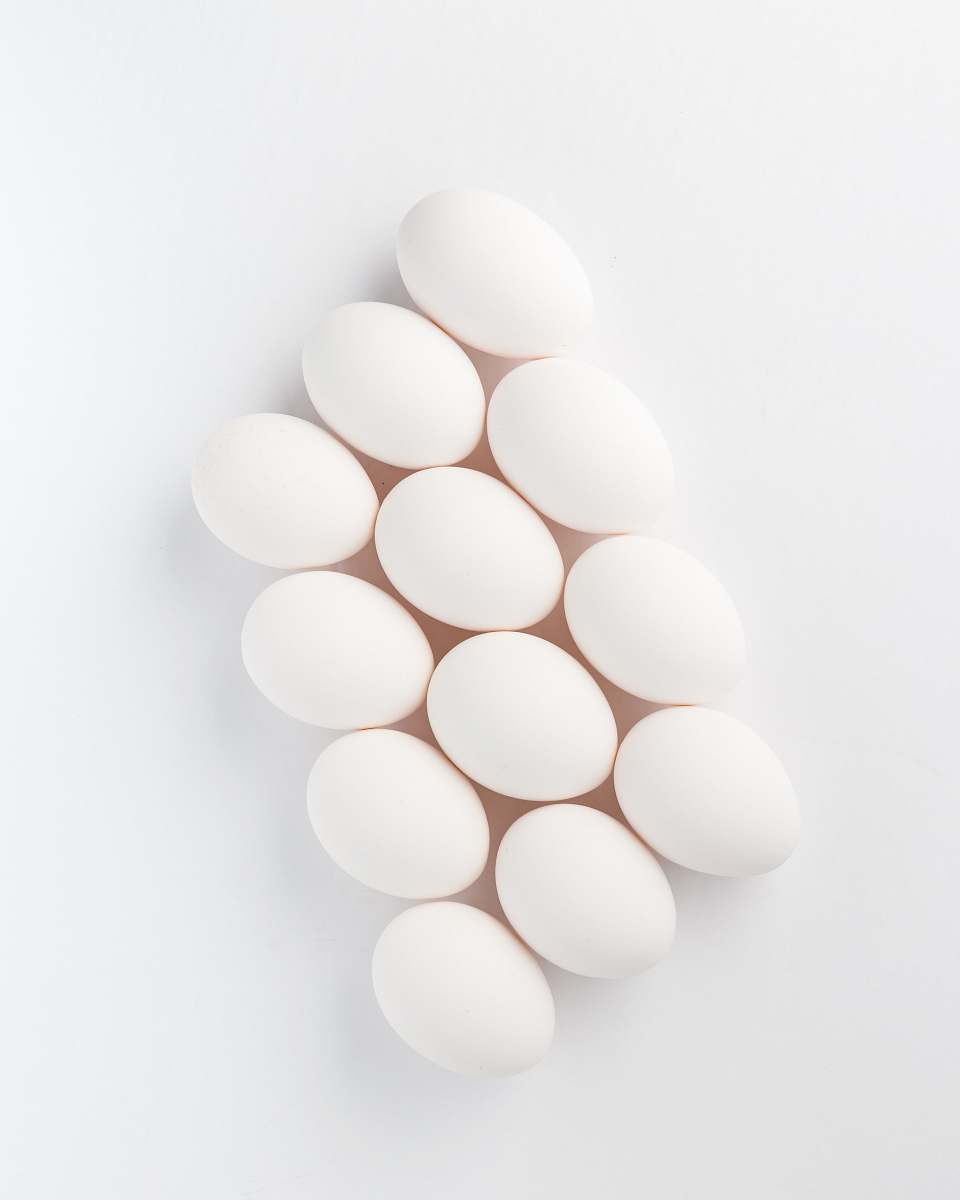 egg twelve white eggs on white surface mae