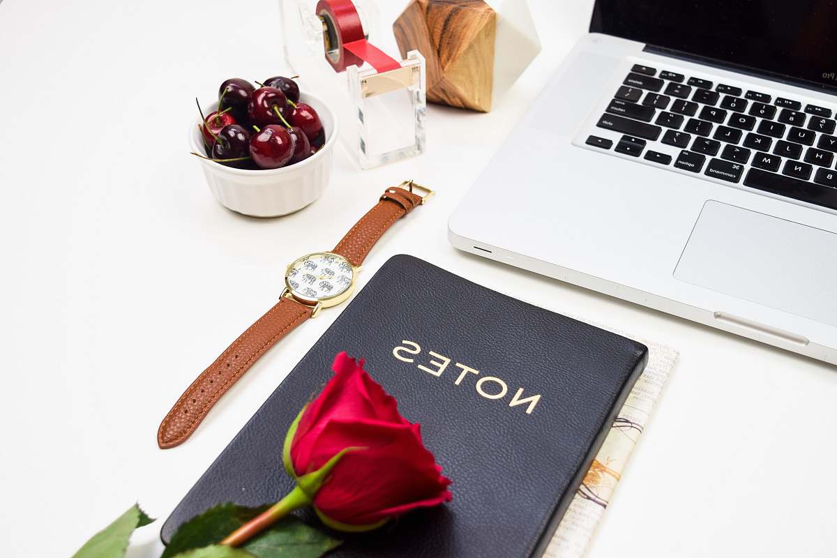 hardware red rose on notebook near MacBook computer keyboard