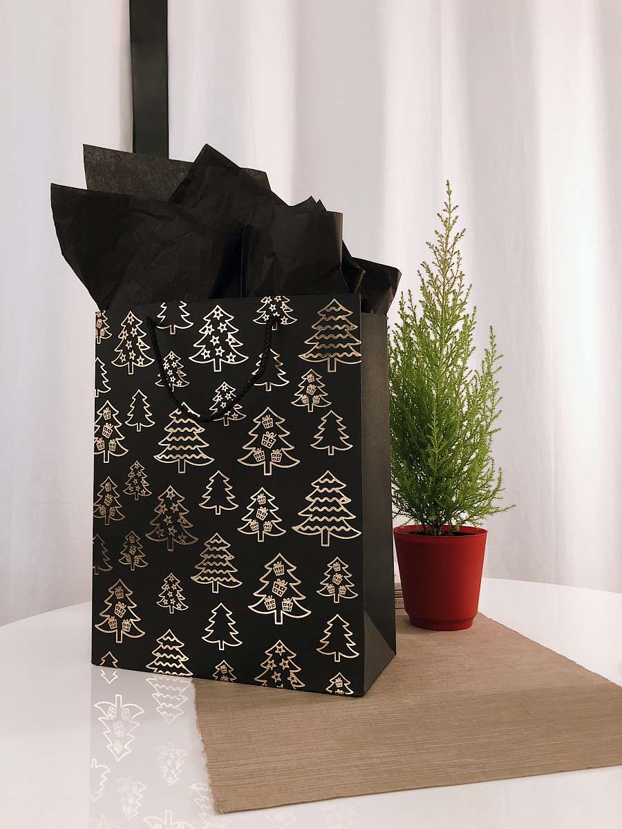 pot black and gray paper bag on table jar