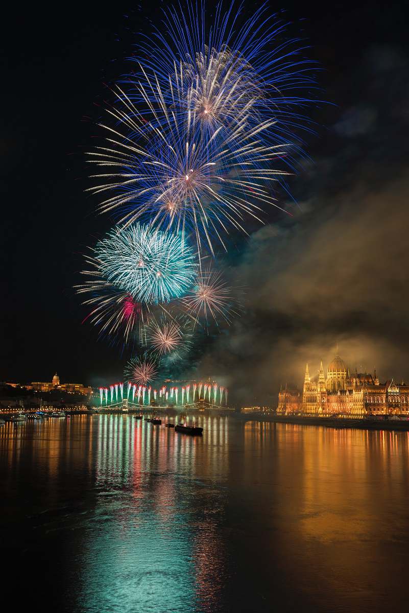outdoors photo of fireworks above body of water night