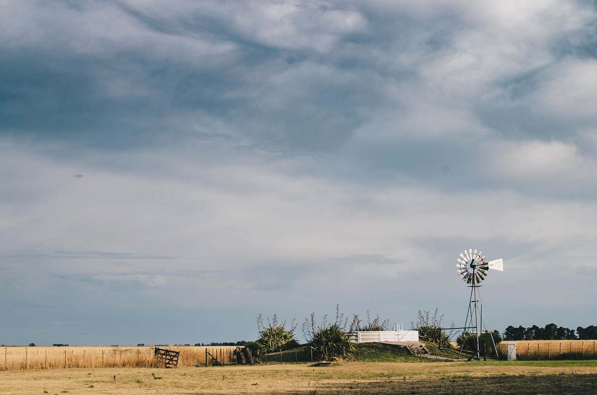 field white windmill on farm grassland
