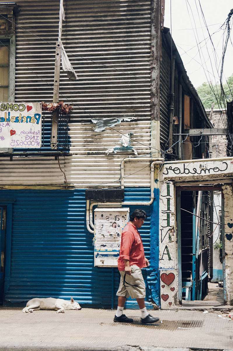 human man walking near lying dog and building person