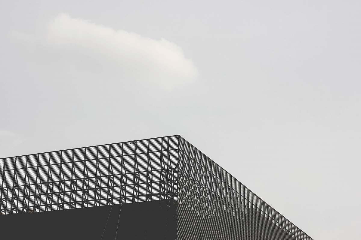black-and-white grayscale photo of curtainwall building grey