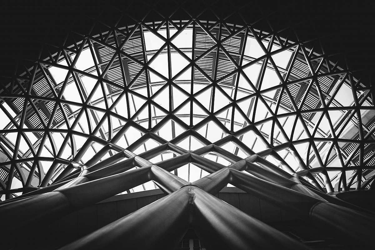 black-and-white grayscale photo of scaffolding kings cross
