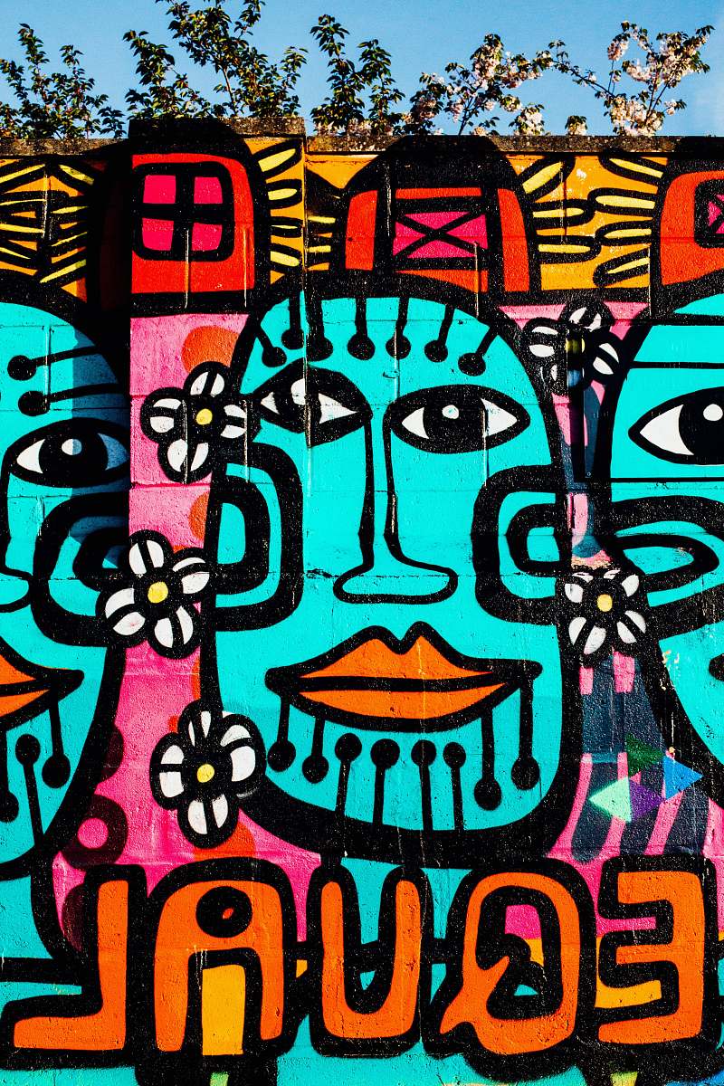 art pink, teal, and orange graffiti wall art wall