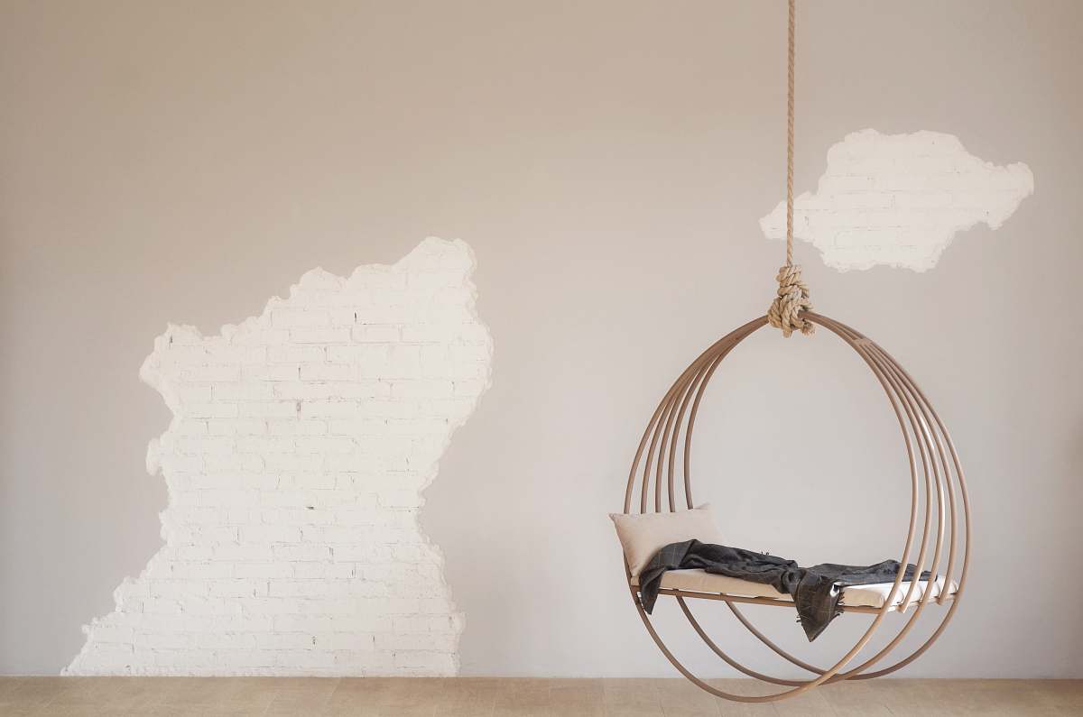 grey white hanging bench with stainless steel base design