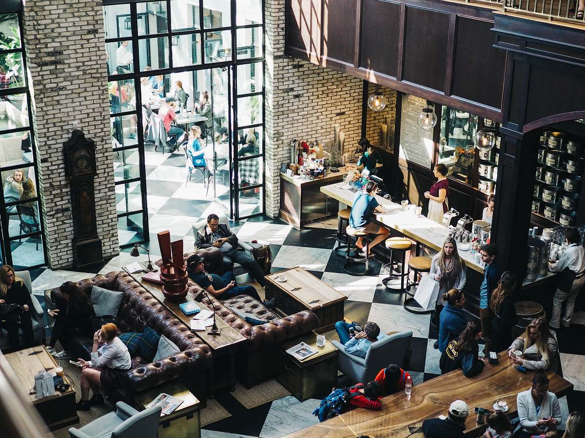 cafe aerial photo of people on bar coffee