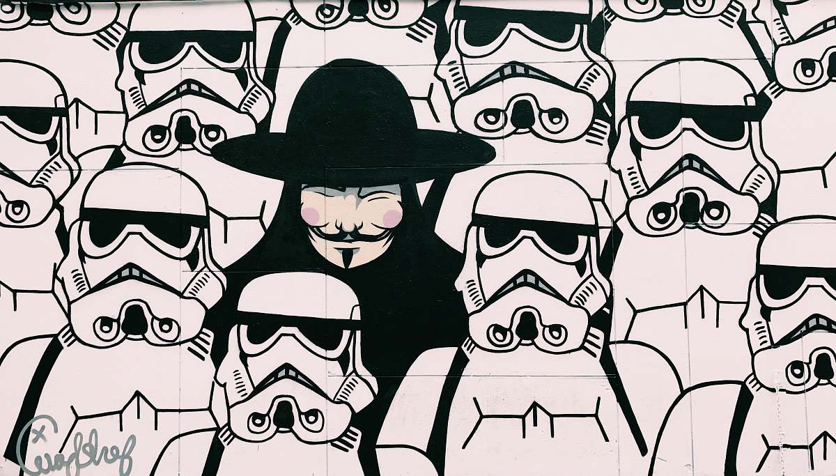 graffiti painting of Guy Fawkes and Star Wars Stormtroopers cool