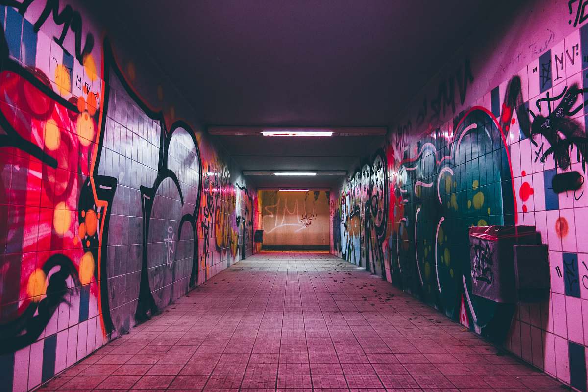 Corridor Empty Tunnel Pathway With Graffiti Walls Urban Image Free Photo