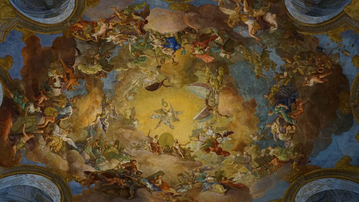 painting low angle view of Gothic painting at the ceiling national library of austria