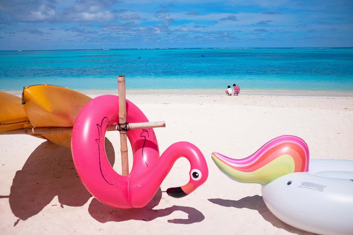 summer pink flamingo floater in front ocean coast