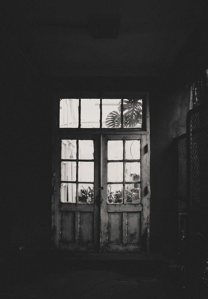 door grayscale photo of wooden framed clear glass door window