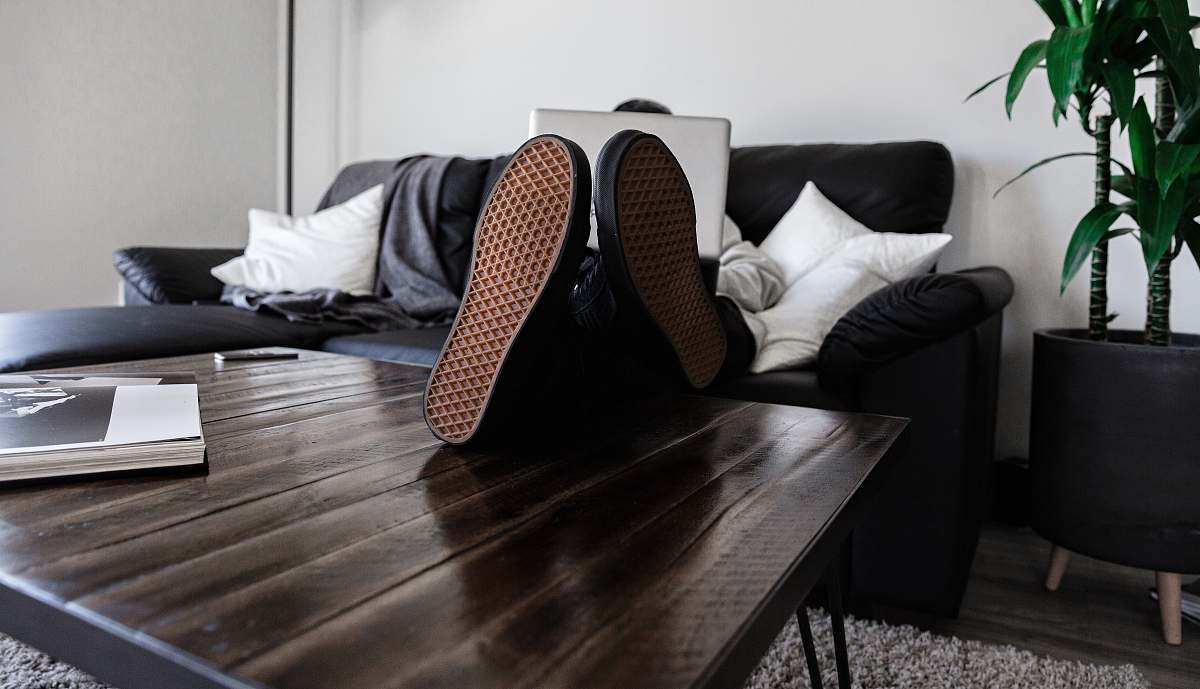home person sitting on sofa resting its feet on top of coffee table while using laptop plant