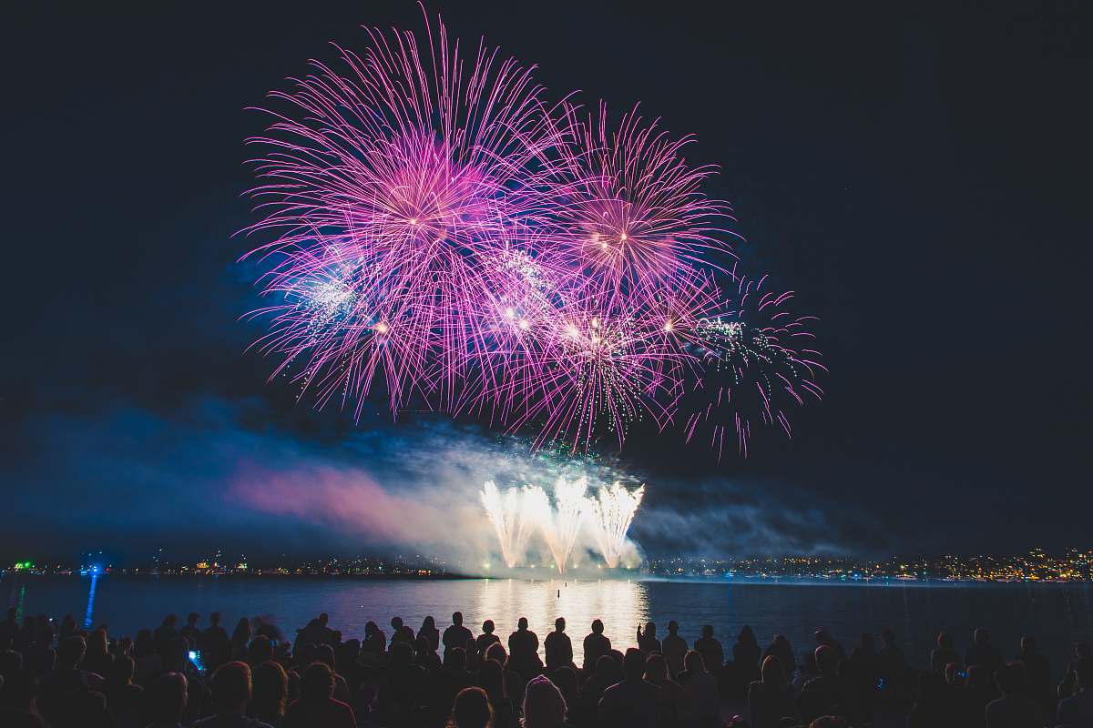 outdoors crowded people watching fireworks at night nature