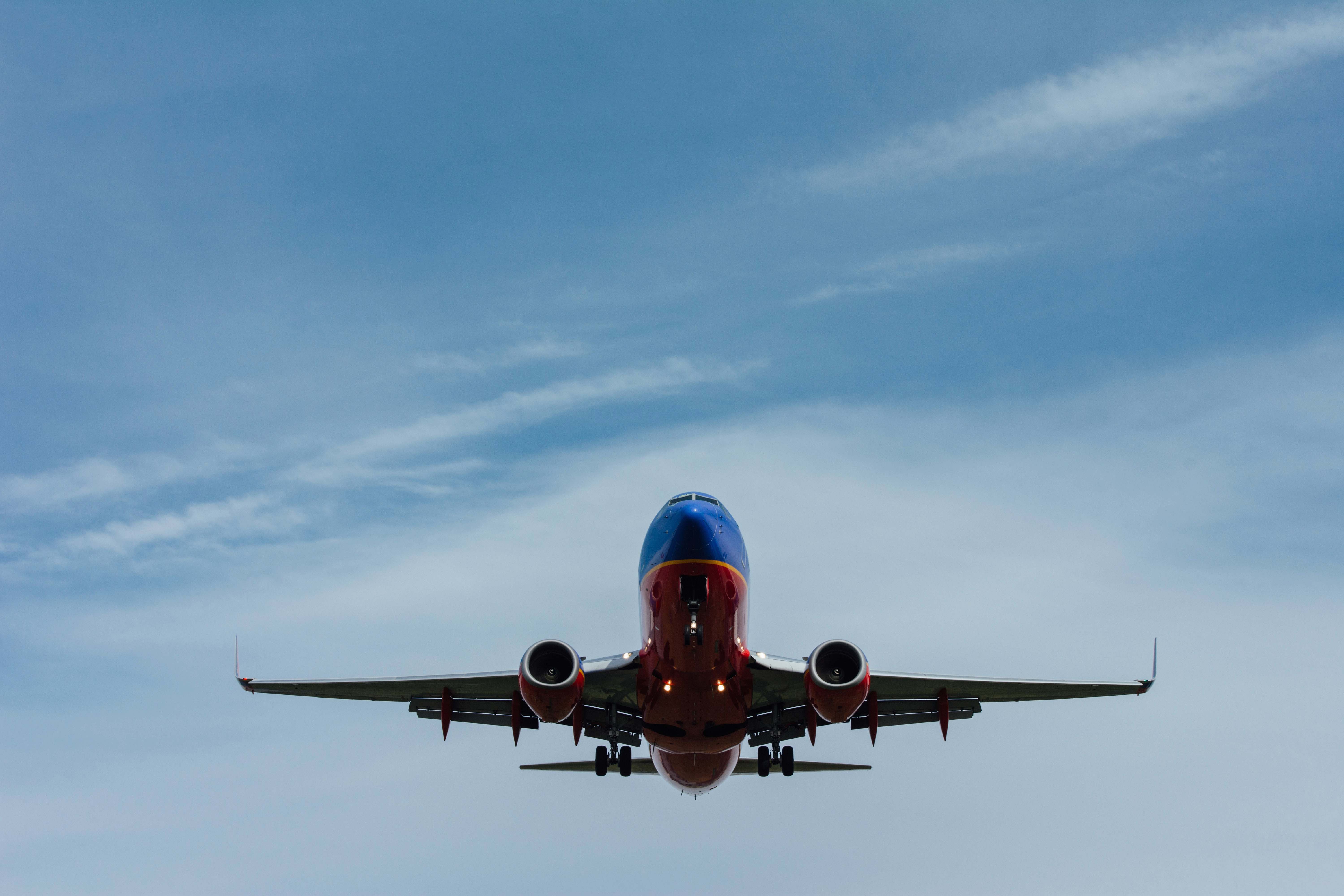 Transportation Blue And Red Airplane On Sky Aircraft Image Free Photo