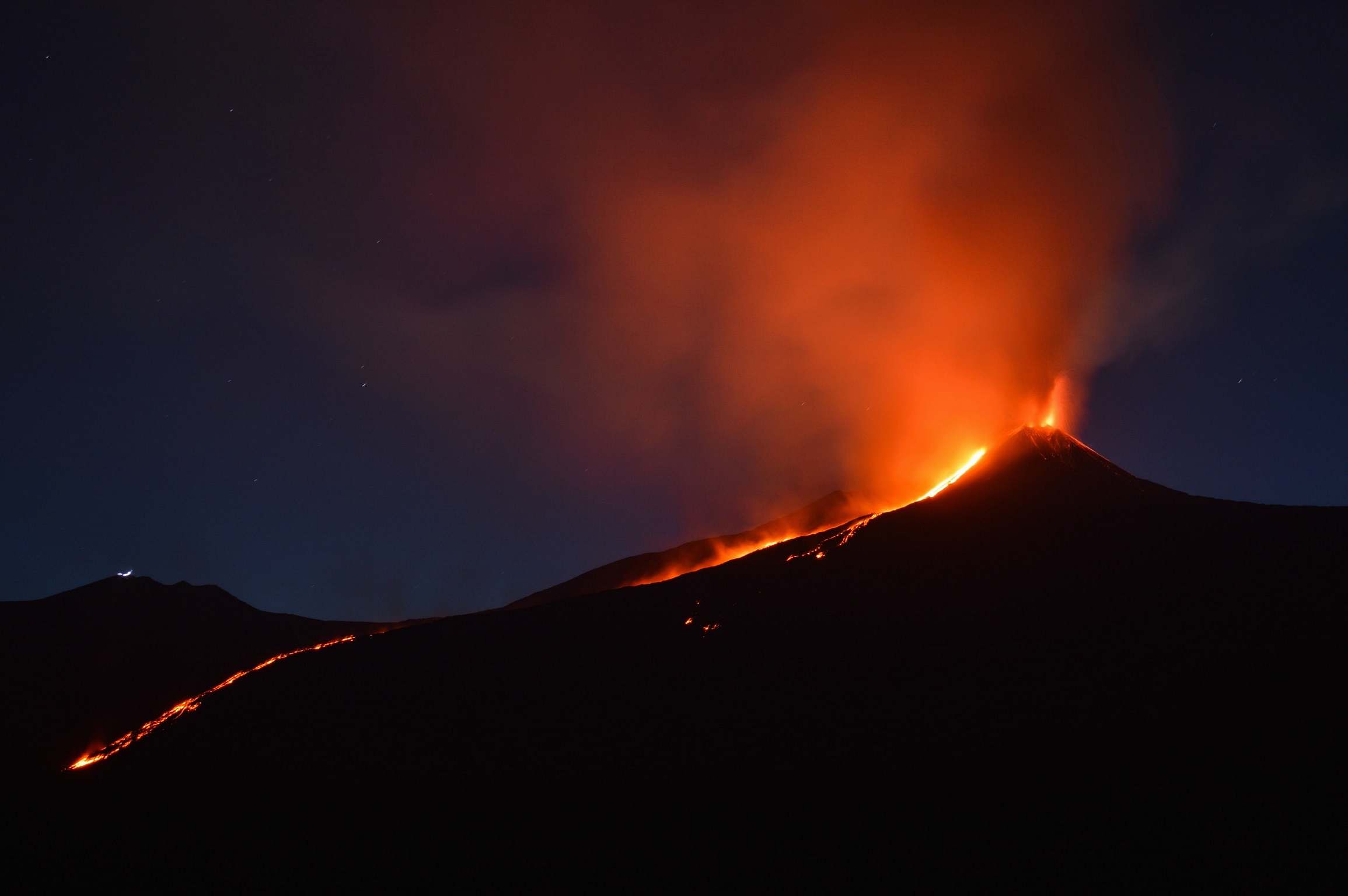 Eruption Black Mountain With Flowing Lava At Nighttime Italy Image Free ...