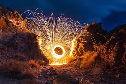 fire steelwool photography with between rocks rock