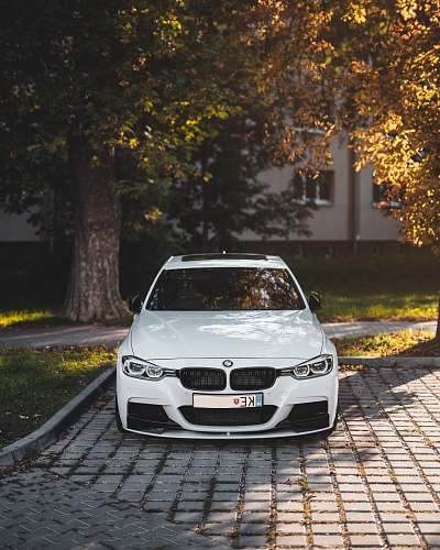 vehicle white BMW sedan automobile