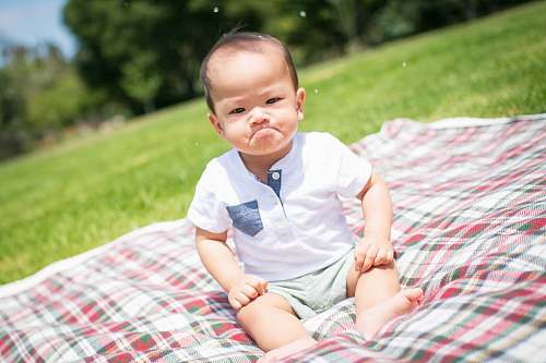 human selective focus photography of grumpy face toddler sitting on plaid pad taken during daytime people