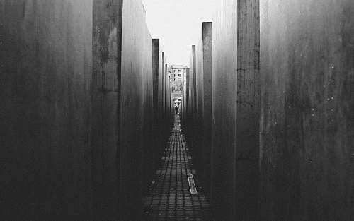 alley grayscale photo of alley corridor