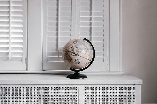 beige desk globe on white desk