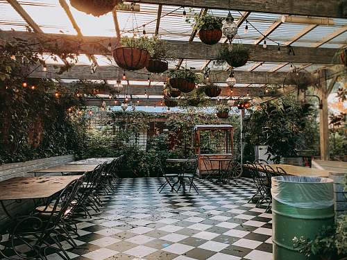 porch food cart near empty dining sets inside pergola during day pergola