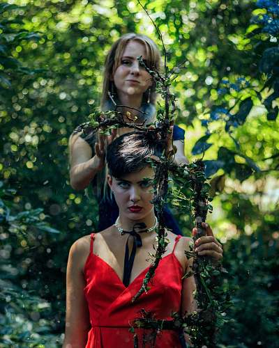 plant two woman holding twigs surrounded by trees during daytime vegetation
