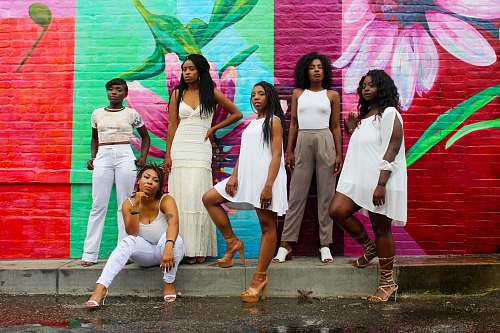 woman six women wearing white pants posing human