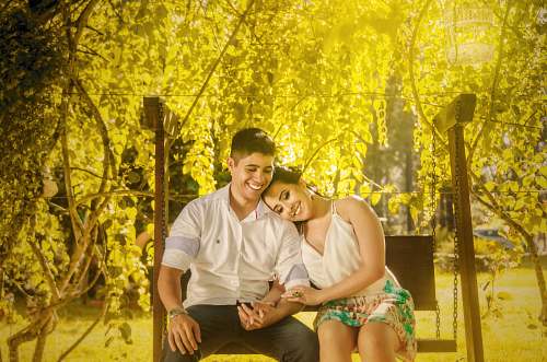 human man and woman sitting on bench tree