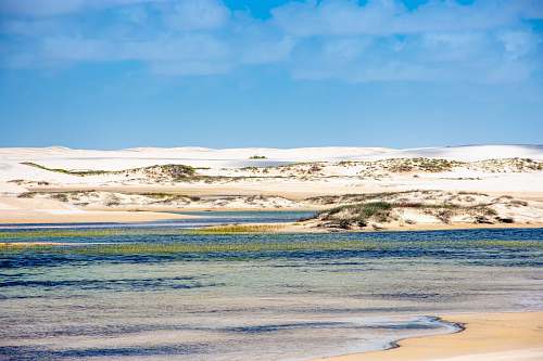 outdoors body of water near snow covered land under calm blue sky sand