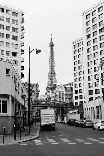 building grayscale photo of city buildings car