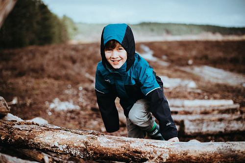 boy climbing on tree stump