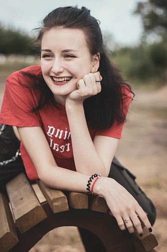 women's red and white crew-neck t-shirt